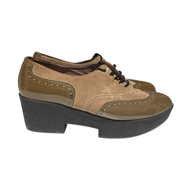 Robert Clergerie lace up platform oxfords leather 9 1/2 green and tan - Picture 2 of 11